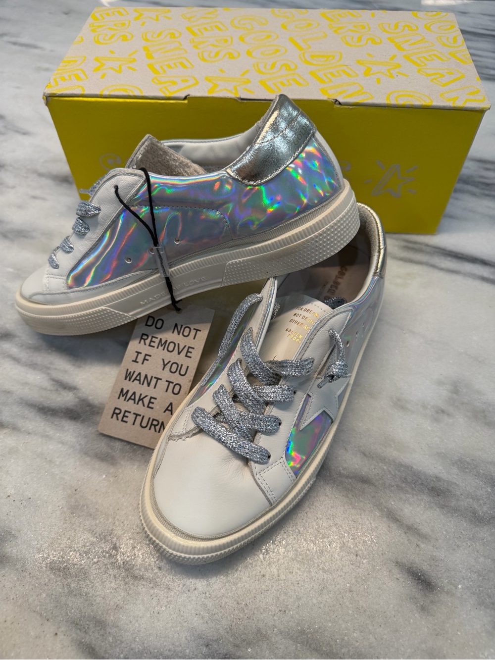 Golden Goose May Kids Holographic Silver & White Low-Top Sneakers size 35